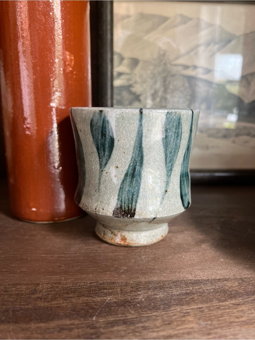 Vintage Studio Pottery Yunomi Tea or Espresso Cup Hand-Painted Green Brushstroke